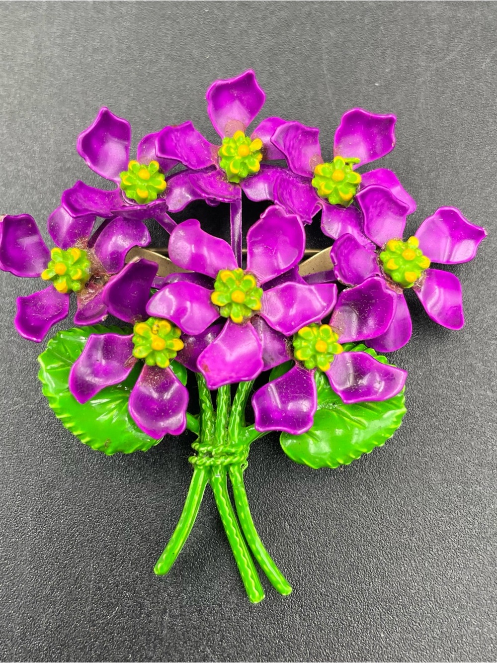 Purple Flower Bouquet Enamel Brooch Unmarked